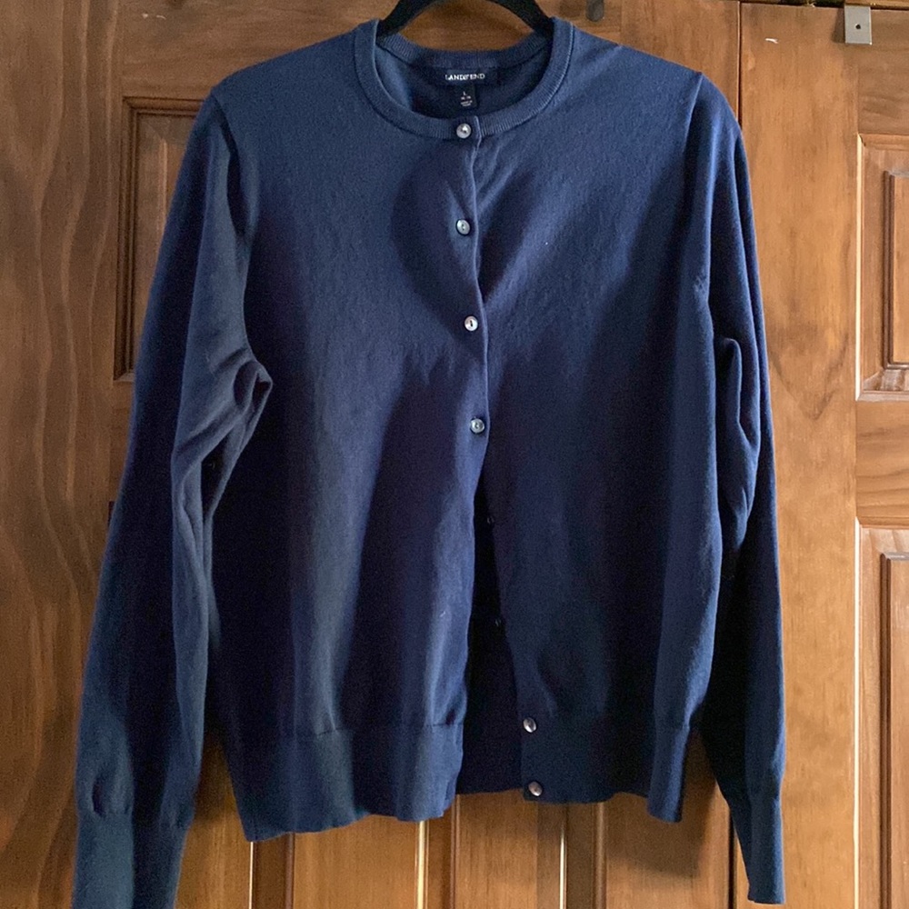 Lands End Women’s Navy Blue Cotton Cardigan L (14-16)
